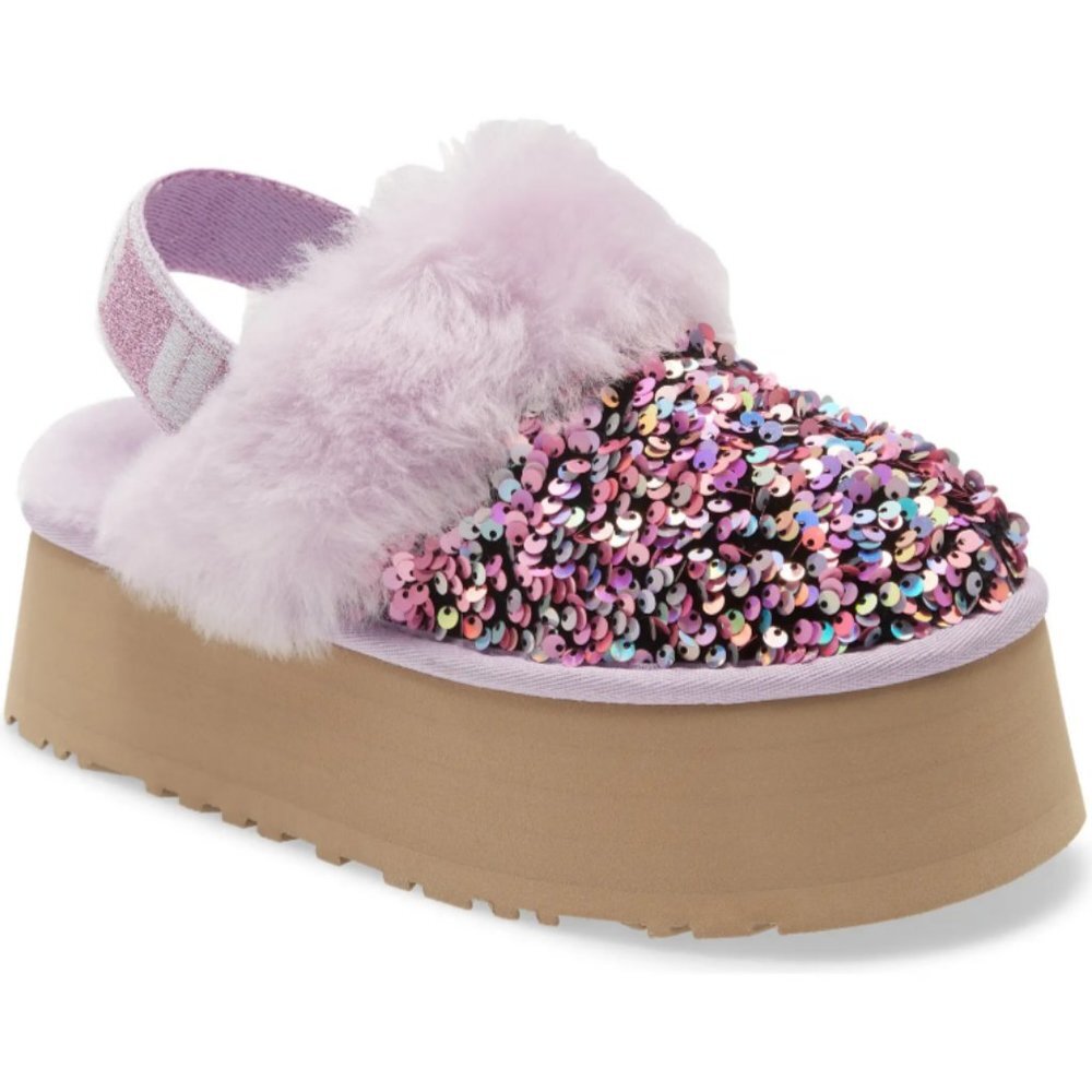 UGG Funkette Stellar Sequin Shearling Purple Platform Slipper Slide Sandal Sz 6